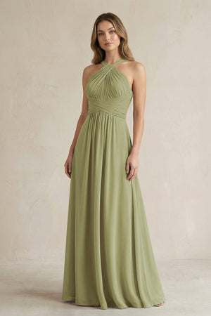 Cross Halter A - Line Pleated Bridesmaid Dress in Moss Green - KissProm Bridesmaid Dresses