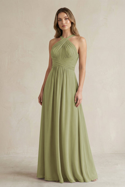Cross Halter A - Line Pleated Bridesmaid Dress in Moss Green - KissProm Bridesmaid Dresses