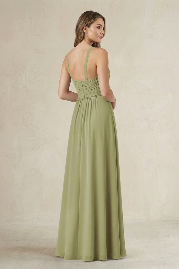Cross Halter A - Line Pleated Bridesmaid Dress in Moss Green - KissProm Bridesmaid Dresses