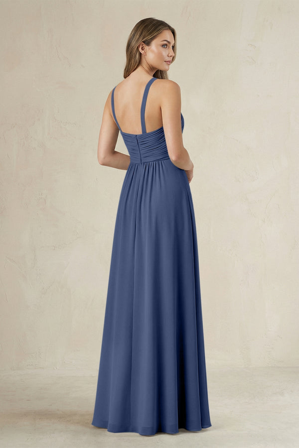 Cross Halter A - Line Pleated Bridesmaid Dress in Navy - KissProm Bridesmaid Dresses