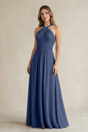 Cross Halter A - Line Pleated Bridesmaid Dress in Navy - KissProm Bridesmaid Dresses
