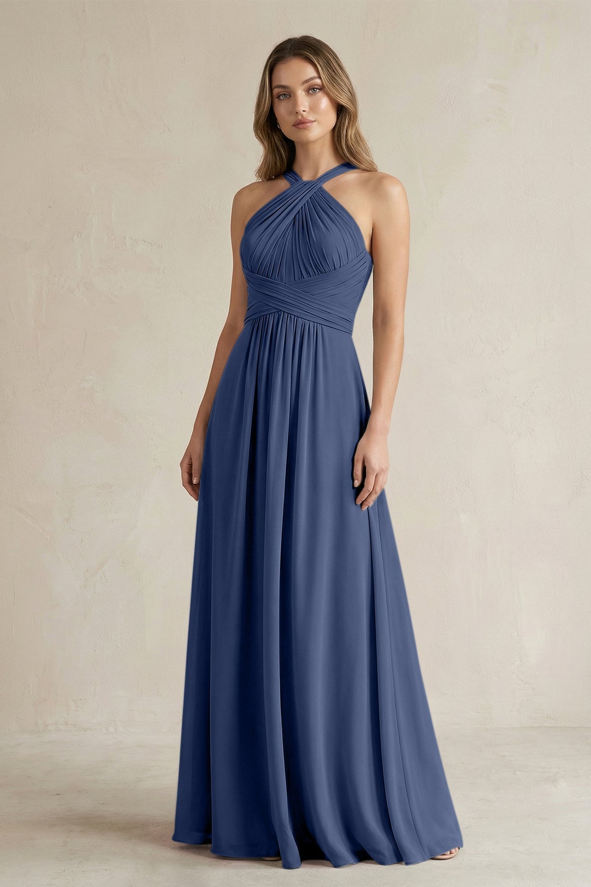 KissProm Cross Halter A-Line Pleated Bridesmaid Dress in Navy, Navy / 8