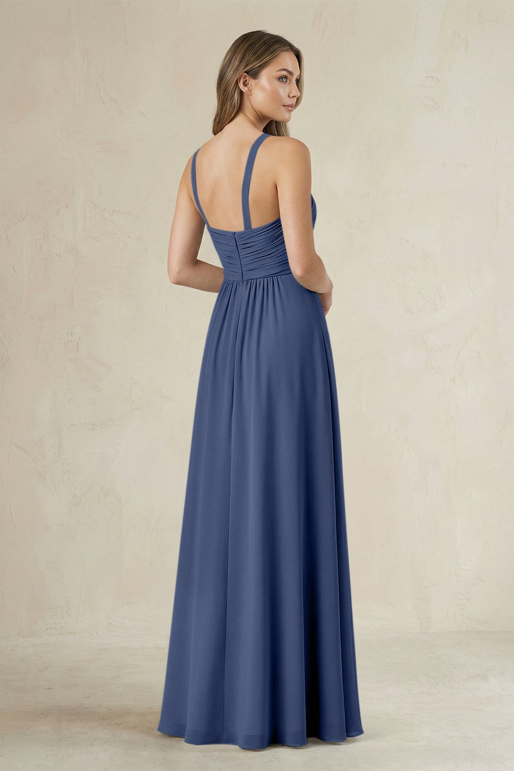Cross Halter A - Line Pleated Bridesmaid Dress in Navy - KissProm Bridesmaid Dresses