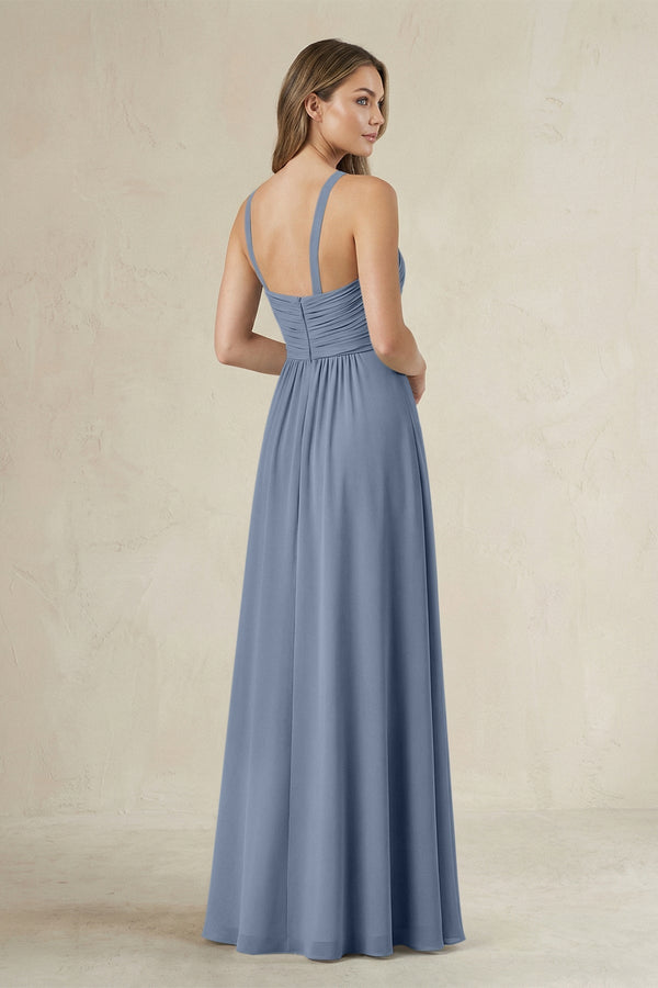 Cross Halter A - Line Pleated Bridesmaid Dress in Neptune - KissProm Bridesmaid Dresses