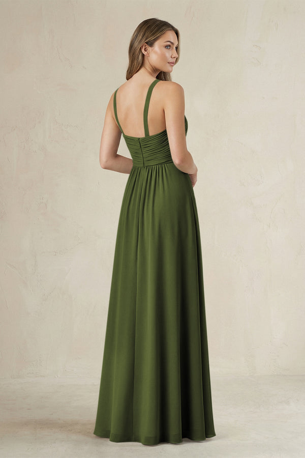 Cross Halter A - Line Pleated Bridesmaid Dress in Olive - KissProm Bridesmaid Dresses