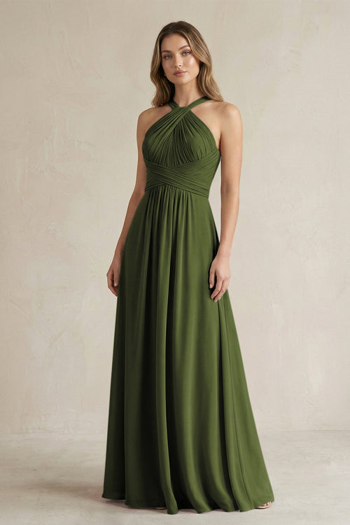 Cross Halter A - Line Pleated Bridesmaid Dress in Olive - KissProm Bridesmaid Dresses