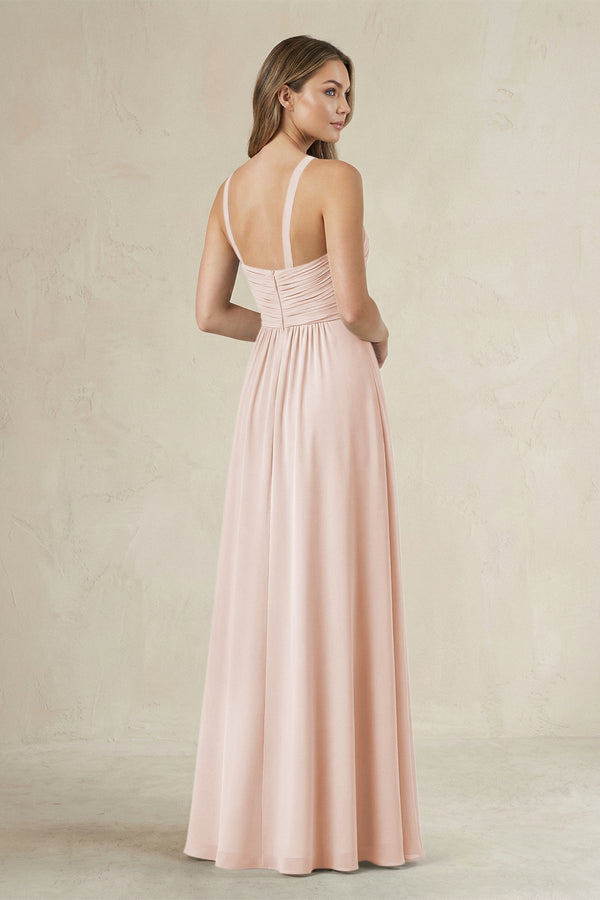 Cross Halter A - Line Pleated Bridesmaid Dress in Pale Blush - KissProm Bridesmaid Dresses