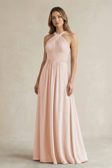 Cross Halter A - Line Pleated Bridesmaid Dress in Pale Blush - KissProm Bridesmaid Dresses