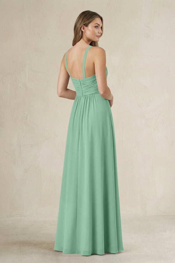 Cross Halter A - Line Pleated Bridesmaid Dress in Pale Pistachio - KissProm Bridesmaid Dresses
