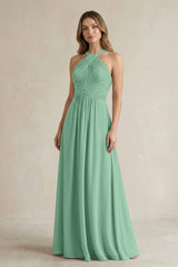 Cross Halter A - Line Pleated Bridesmaid Dress in Pale Pistachio - KissProm Bridesmaid Dresses