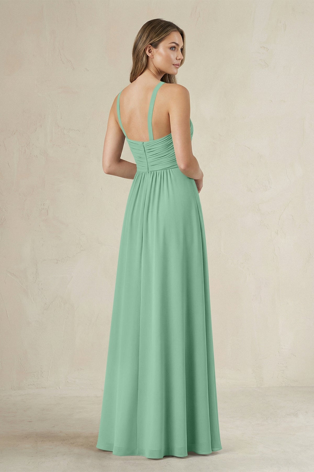 Cross Halter A - Line Pleated Bridesmaid Dress in Pale Pistachio - KissProm Bridesmaid Dresses