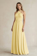 Cross Halter A - Line Pleated Bridesmaid Dress in Pastel Yellow - KissProm Bridesmaid Dresses