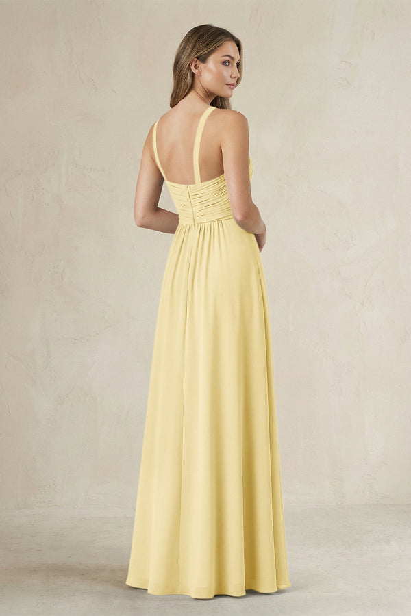 Cross Halter A - Line Pleated Bridesmaid Dress in Pastel Yellow - KissProm Bridesmaid Dresses