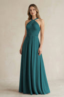 Cross Halter A - Line Pleated Bridesmaid Dress in Pine - KissProm Bridesmaid Dresses