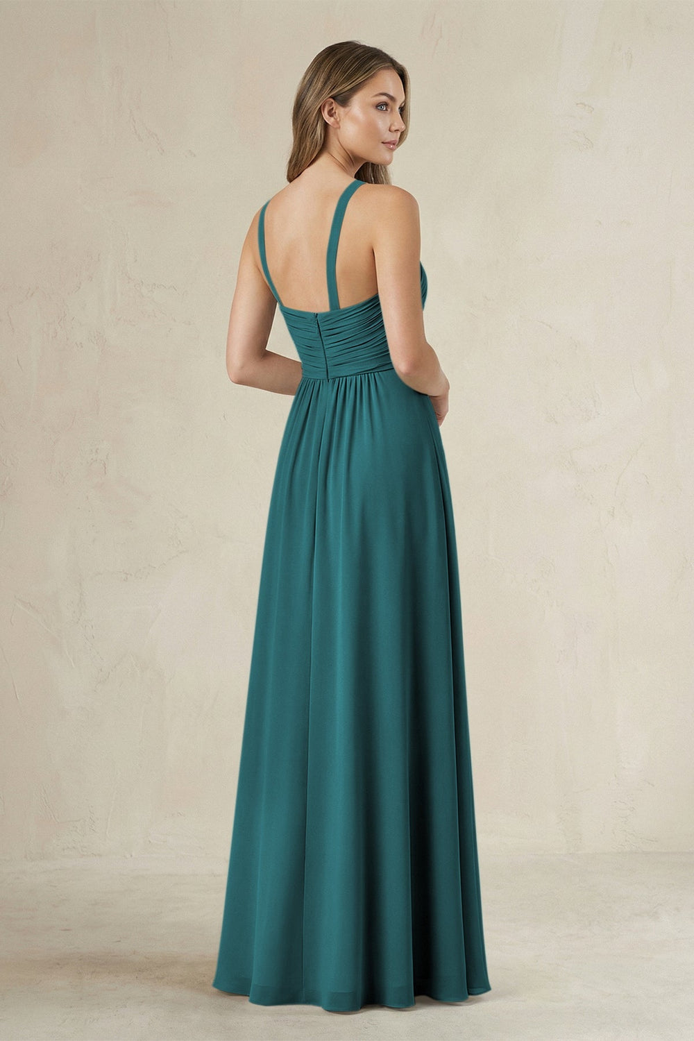 Cross Halter A - Line Pleated Bridesmaid Dress in Pine - KissProm Bridesmaid Dresses
