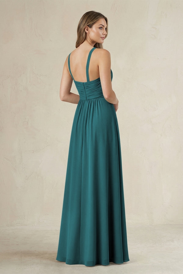 Cross Halter A - Line Pleated Bridesmaid Dress in Pine - KissProm Bridesmaid Dresses