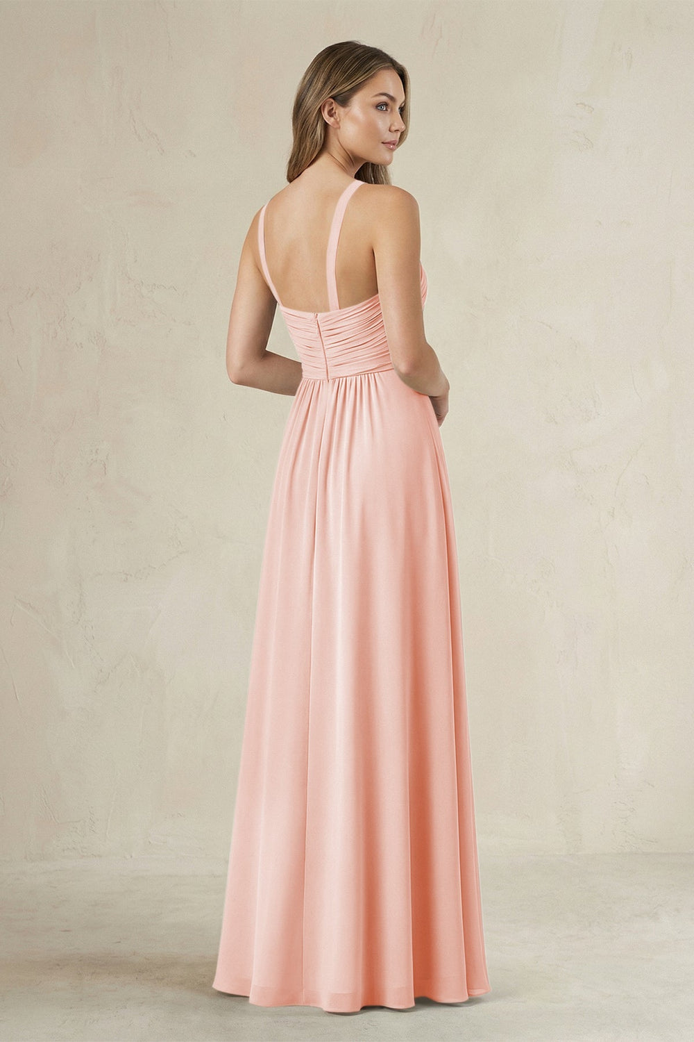 Cross Halter A - Line Pleated Bridesmaid Dress in Rose Petal - KissProm Bridesmaid Dresses