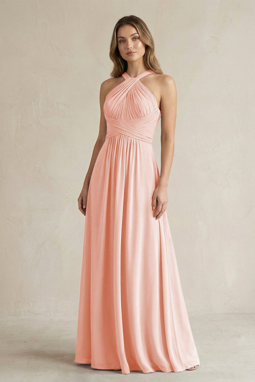 Cross Halter A - Line Pleated Bridesmaid Dress in Rose Petal - KissProm Bridesmaid Dresses