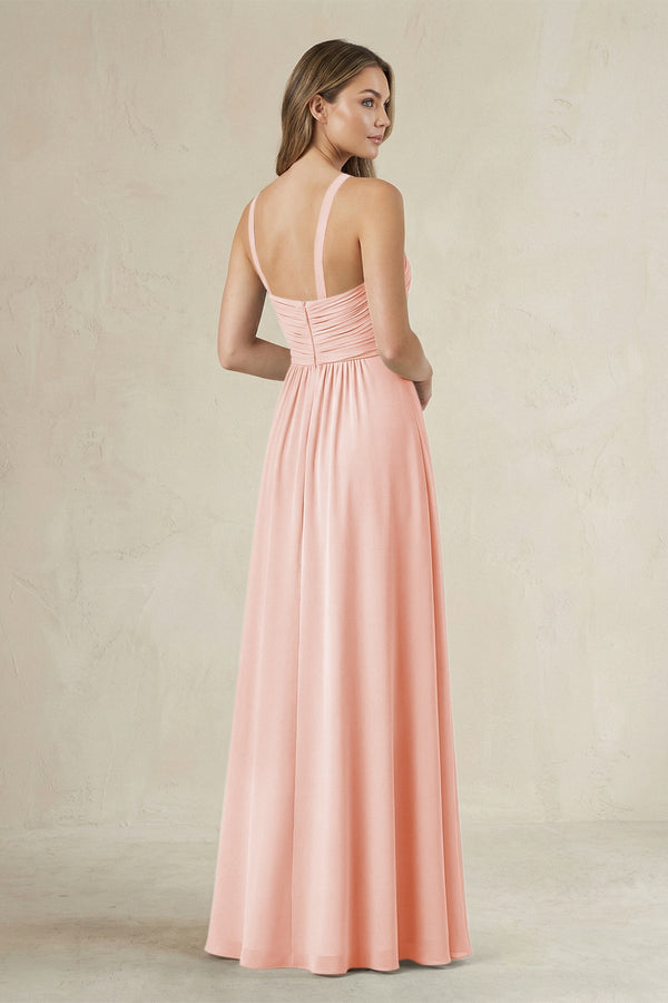Cross Halter A - Line Pleated Bridesmaid Dress in Rose Petal - KissProm Bridesmaid Dresses