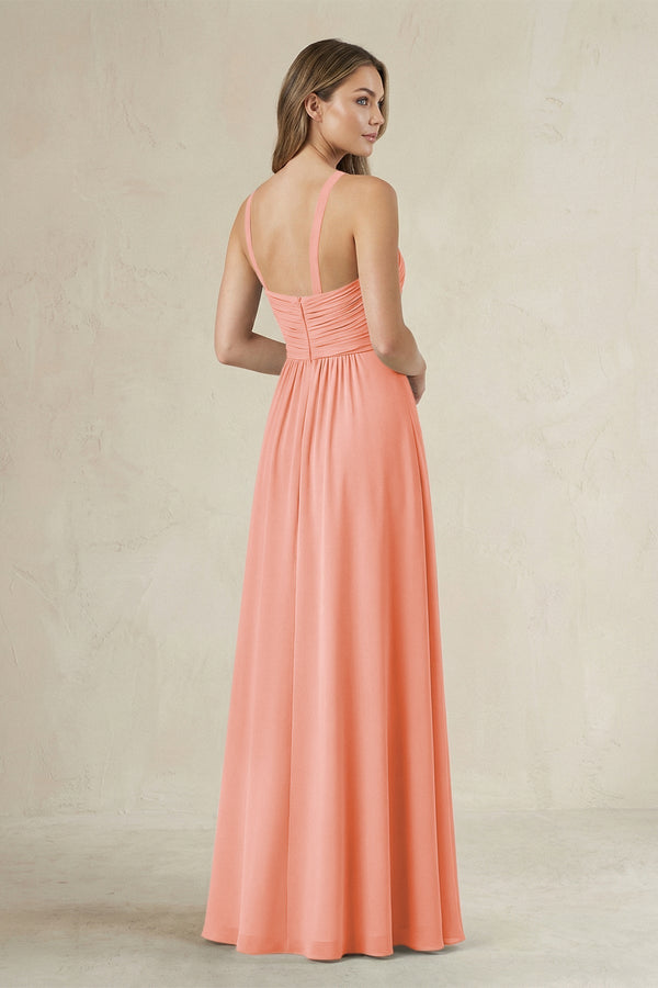 Cross Halter A - Line Pleated Bridesmaid Dress in Rosette - KissProm Bridesmaid Dresses
