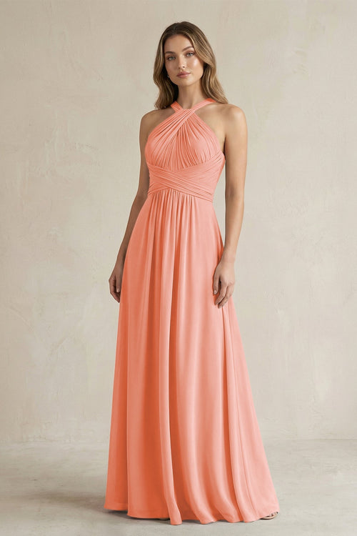 Cross Halter A - Line Pleated Bridesmaid Dress in Rosette - KissProm Bridesmaid Dresses