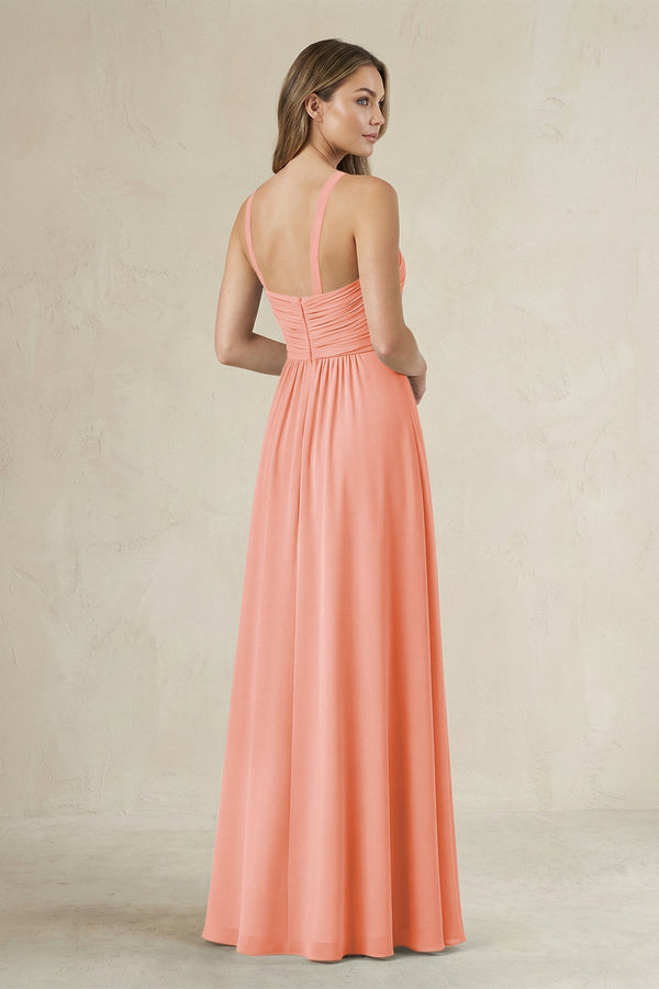 Cross Halter A - Line Pleated Bridesmaid Dress in Rosette - KissProm Bridesmaid Dresses