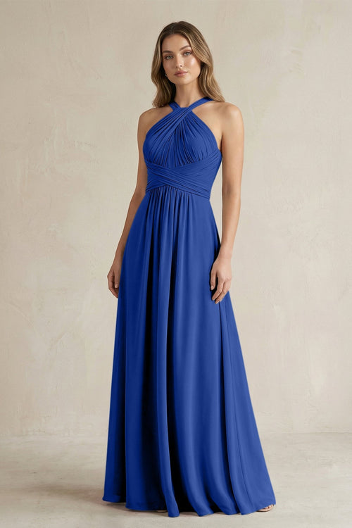 Cross Halter A - Line Pleated Bridesmaid Dress in Royal Blue - KissProm Bridesmaid Dresses