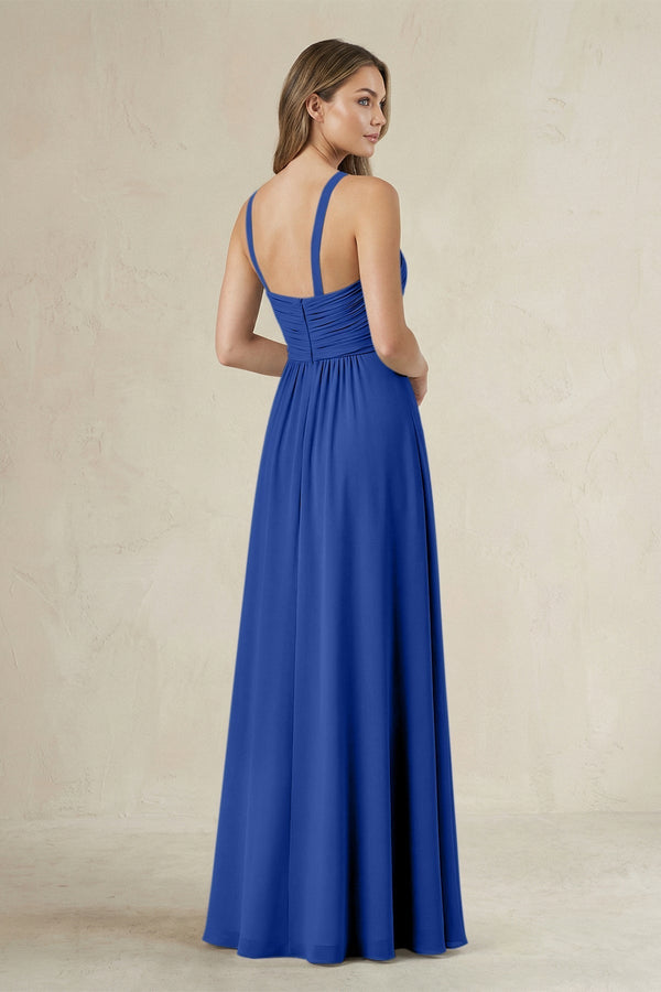 Cross Halter A - Line Pleated Bridesmaid Dress in Royal Blue - KissProm Bridesmaid Dresses