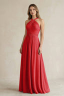 Cross Halter A - Line Pleated Bridesmaid Dress in Ruby Red - KissProm Bridesmaid Dresses