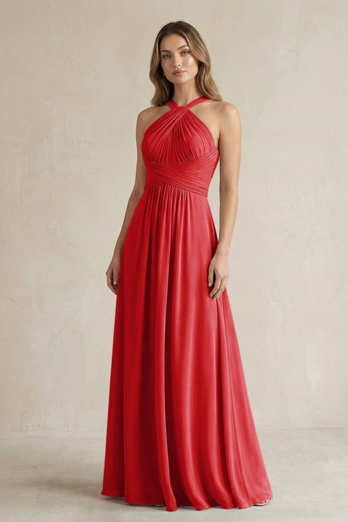 Cross Halter A - Line Pleated Bridesmaid Dress in Ruby Red - KissProm Bridesmaid Dresses