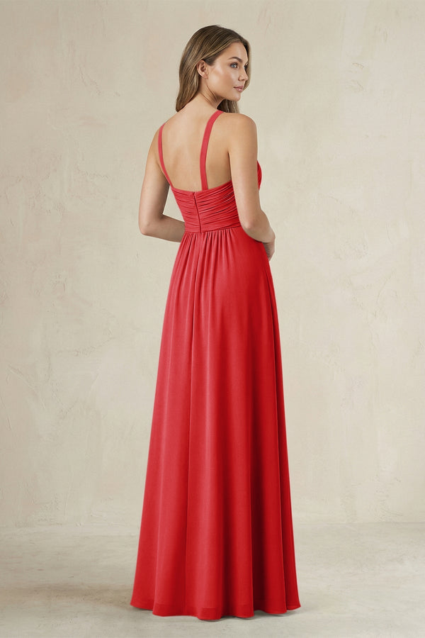 Cross Halter A - Line Pleated Bridesmaid Dress in Ruby Red - KissProm Bridesmaid Dresses