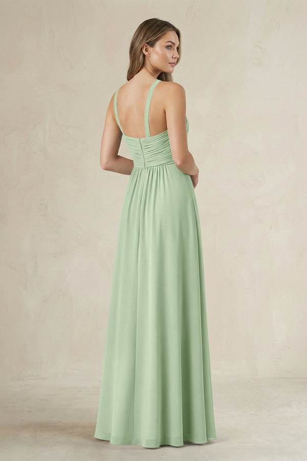 Cross Halter A - Line Pleated Bridesmaid Dress in Sage - KissProm Bridesmaid Dresses
