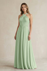 Cross Halter A - Line Pleated Bridesmaid Dress in Sage - KissProm Bridesmaid Dresses