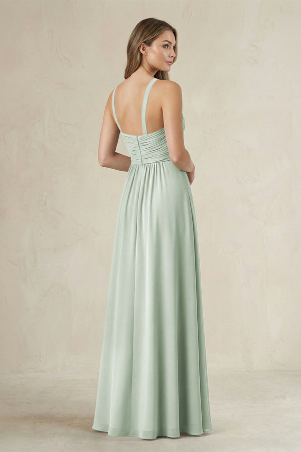 Cross Halter A - Line Pleated Bridesmaid Dress in Sage - KissProm Bridesmaid Dresses