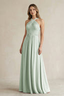 Cross Halter A - Line Pleated Bridesmaid Dress in Sage - KissProm Bridesmaid Dresses