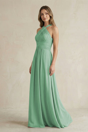 Cross Halter A - Line Pleated Bridesmaid Dress in Sea Glass - KissProm Bridesmaid Dresses