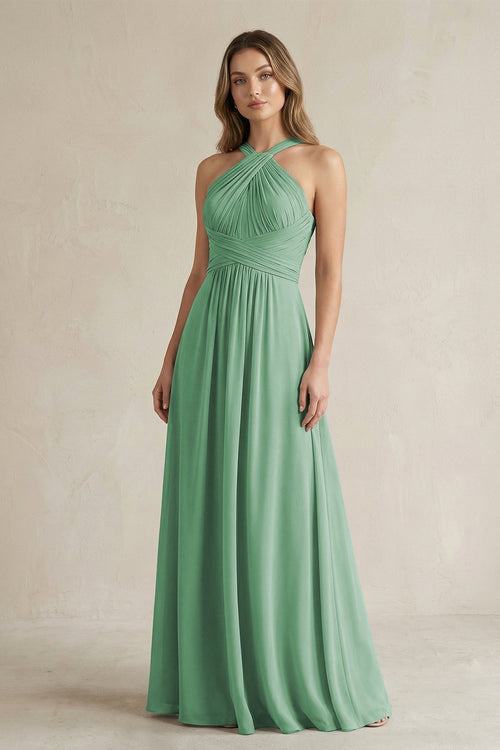 Cross Halter A - Line Pleated Bridesmaid Dress in Sea Glass - KissProm Bridesmaid Dresses