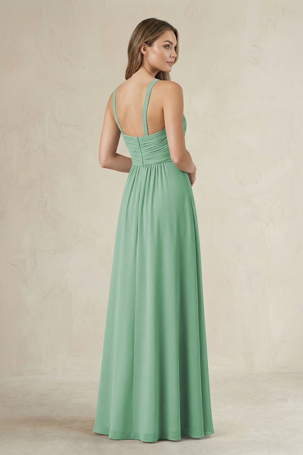 Cross Halter A - Line Pleated Bridesmaid Dress in Sea Glass - KissProm Bridesmaid Dresses