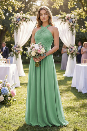 Cross Halter A - Line Pleated Bridesmaid Dress in Sea Glass - KissProm Bridesmaid Dresses