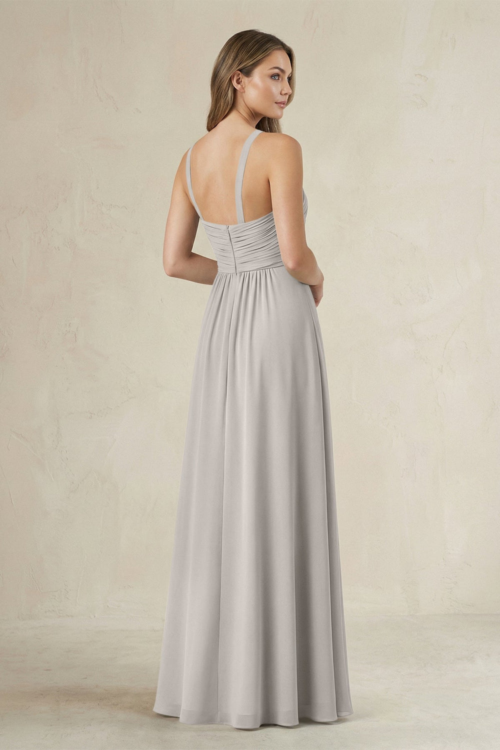 Cross Halter A - Line Pleated Bridesmaid Dress in Silver - KissProm Bridesmaid Dresses