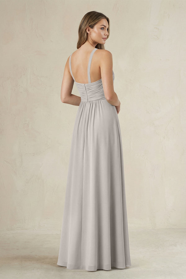 Cross Halter A - Line Pleated Bridesmaid Dress in Silver - KissProm Bridesmaid Dresses