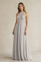 Cross Halter A - Line Pleated Bridesmaid Dress in Silver - KissProm Bridesmaid Dresses