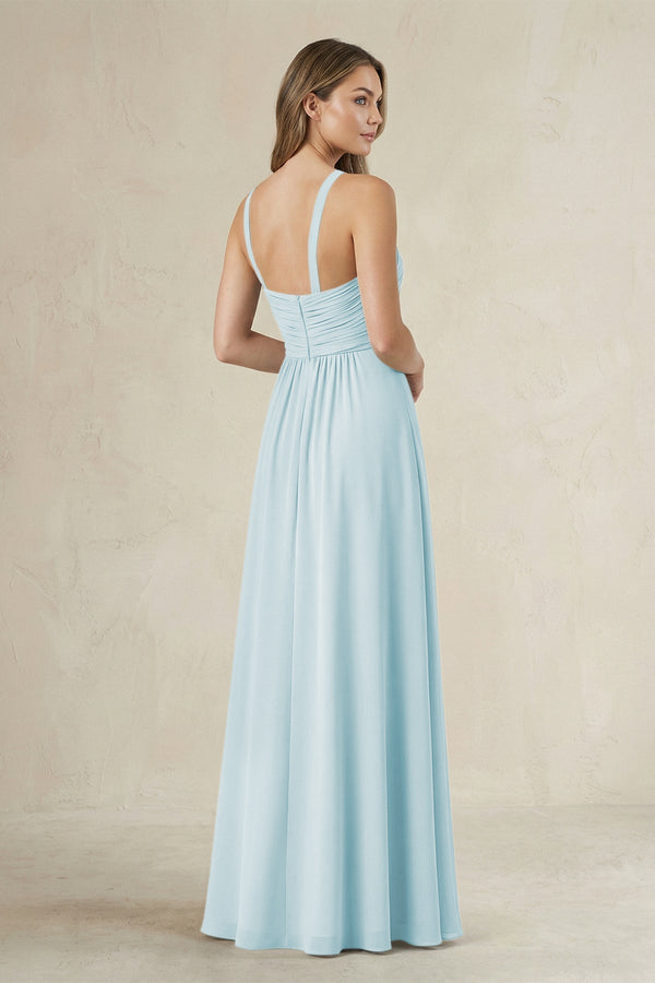 Cross Halter A - Line Pleated Bridesmaid Dress in Sky Blue - KissProm Bridesmaid Dresses
