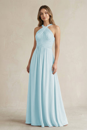 Cross Halter A - Line Pleated Bridesmaid Dress in Sky Blue - KissProm Bridesmaid Dresses