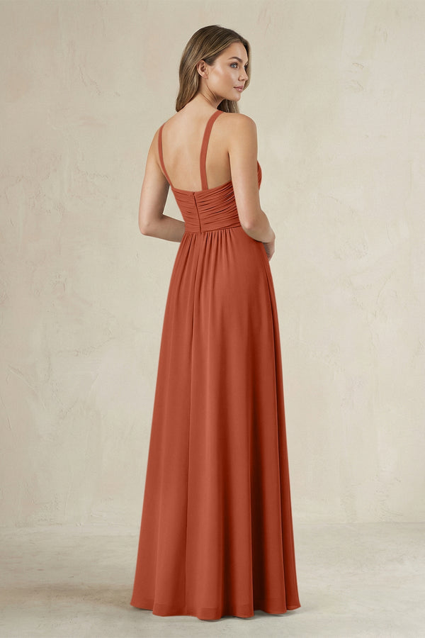 Cross Halter A - Line Pleated Bridesmaid Dress in Spice - KissProm Bridesmaid Dresses
