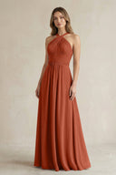 Cross Halter A - Line Pleated Bridesmaid Dress in Spice - KissProm Bridesmaid Dresses
