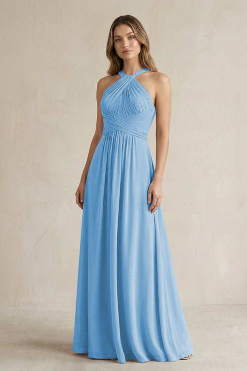 Cross Halter A - Line Pleated Bridesmaid Dress in Steel Blue - KissProm Bridesmaid Dresses