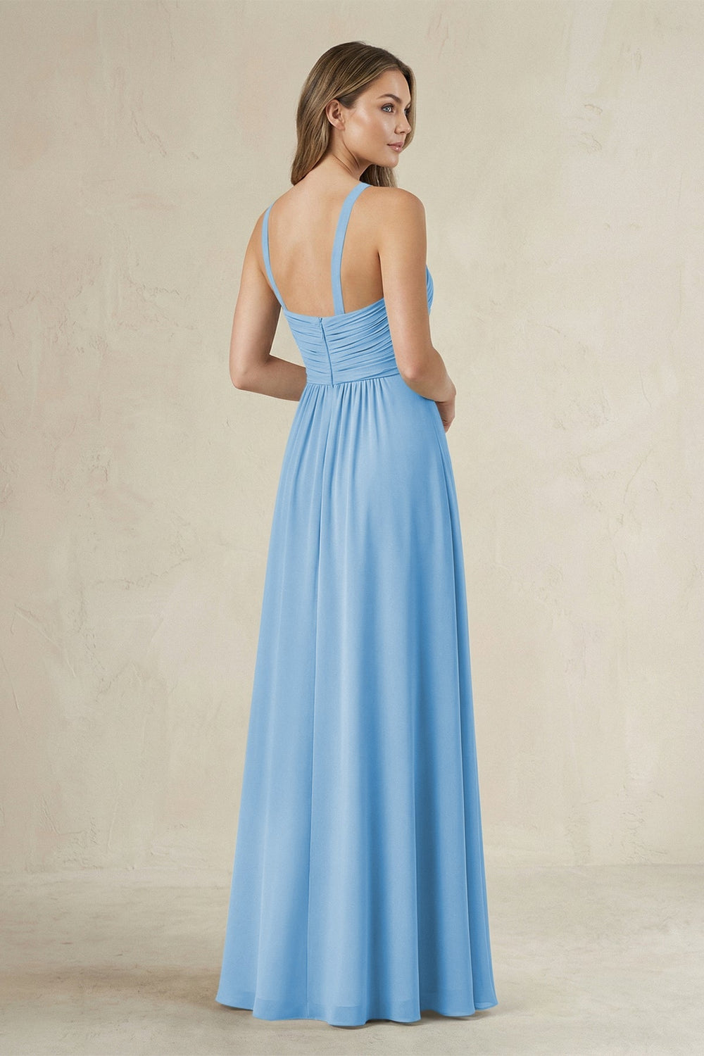 Cross Halter A - Line Pleated Bridesmaid Dress in Steel Blue - KissProm Bridesmaid Dresses