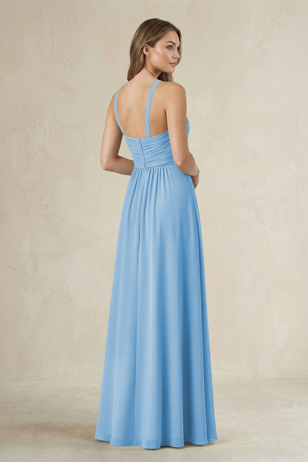 Cross Halter A - Line Pleated Bridesmaid Dress in Steel Blue - KissProm Bridesmaid Dresses