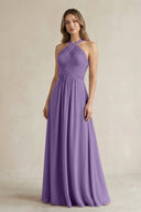Cross Halter A - Line Pleated Bridesmaid Dress in Tahiti - KissProm Bridesmaid Dresses